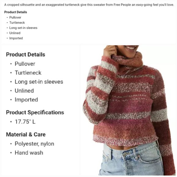 'FREE PEOPLE' CROPPED TURTLENECK SWEATER - Picture 14 of 16
